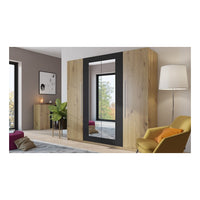 Armadio IRINA 4 porte con specchi - rovere e nero - 228 x 57 x 214 cm