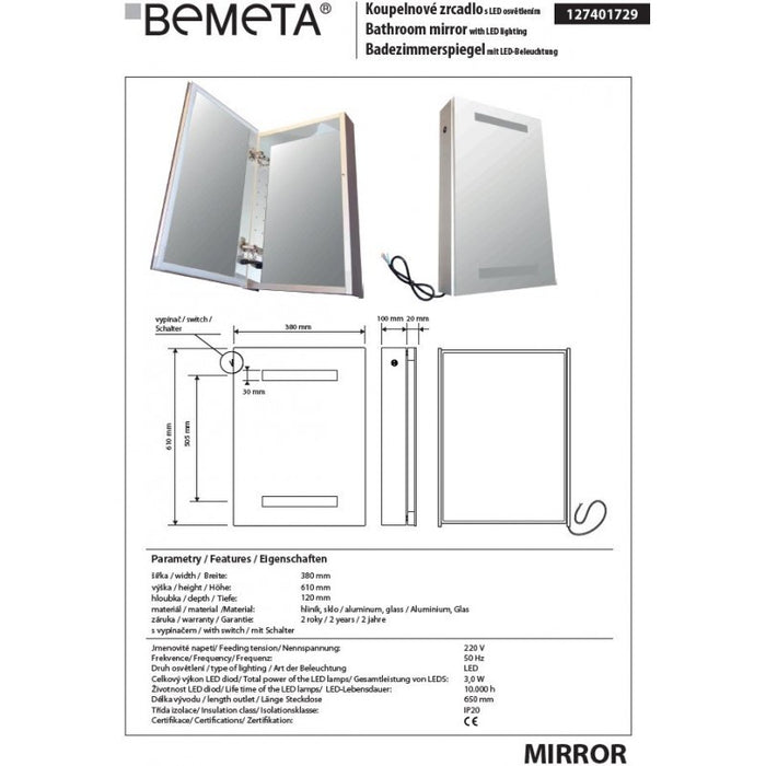 Armadietto a specchio da bagno con luce LED 61x3 8x12 cm