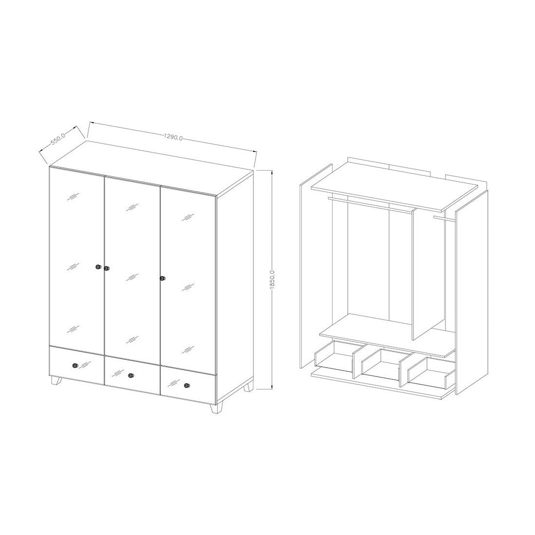 Armadio guardaroba rivestito di specchi collezione LUXOR. 3 porte e 3 cassetti.