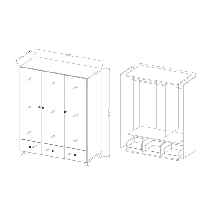 Armadio guardaroba rivestito di specchi collezione LUXOR. 3 porte e 3 cassetti.