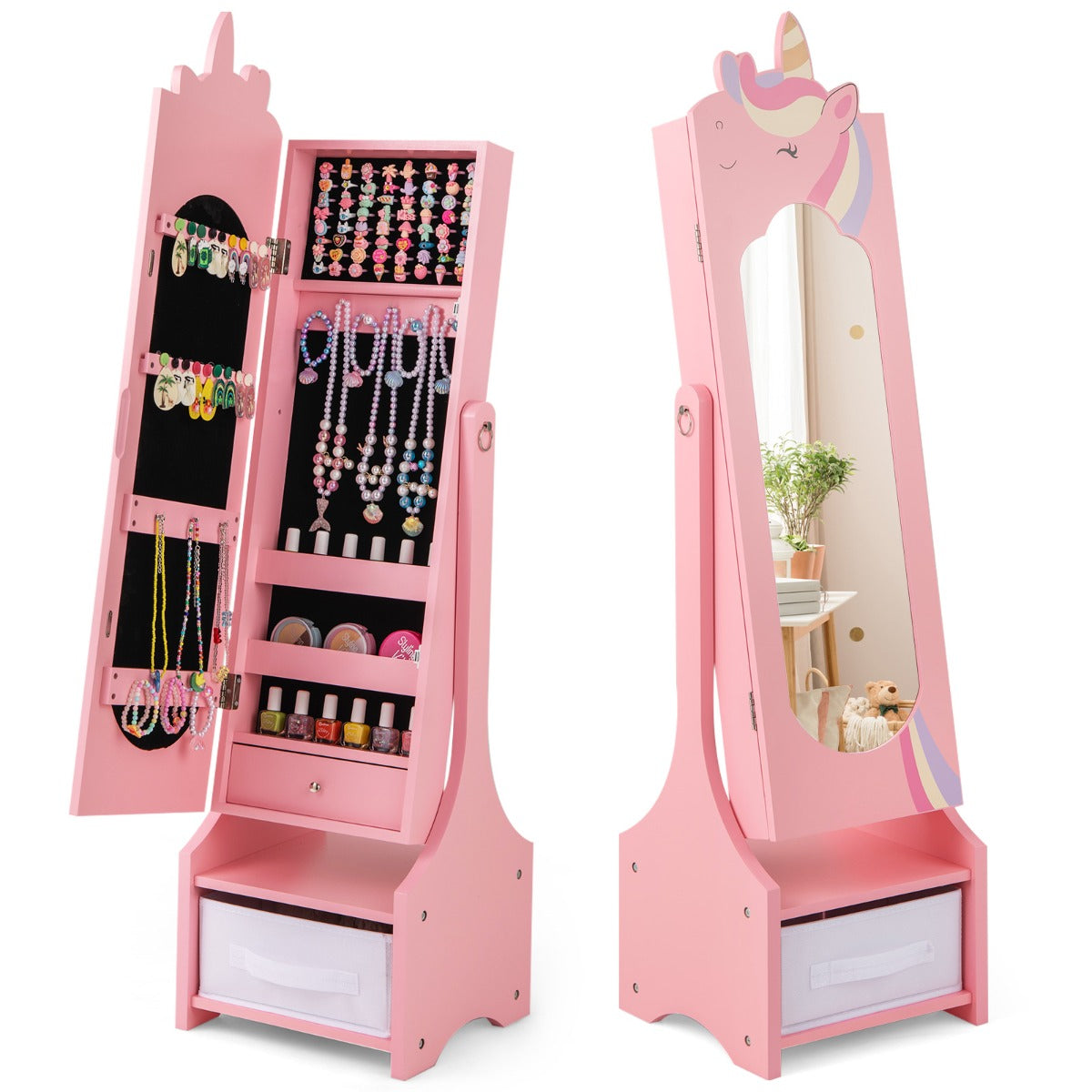 Mobiletto portagioie per bambini 315 x 30 x 115 cm con specchio a figura intera spazio sicuro design moderno in MDF rosa 20_0010364