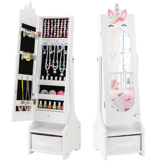 Mobiletto portagioie per bambini 315 x 30 x 115 cm contenitore compatto con specchio basculante design unicorno MDF bianco 20_0010365