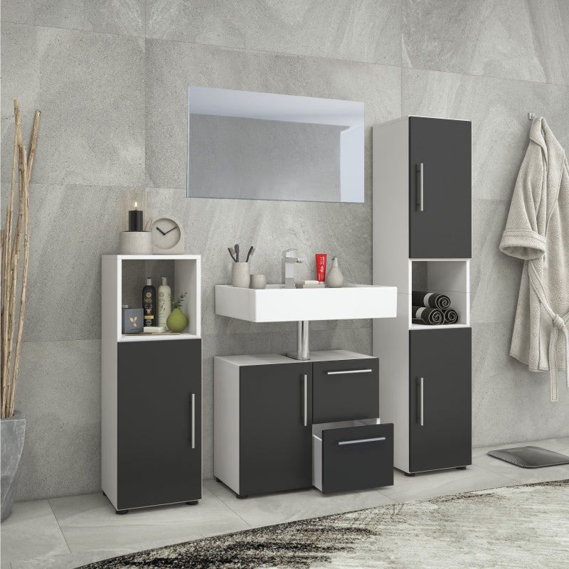 Armonia di Ezooza  Set Bagno Completo 4 Pezzi Mobile Lavabo + Colonna + Pensile e specchio, Bianco/Nero ,