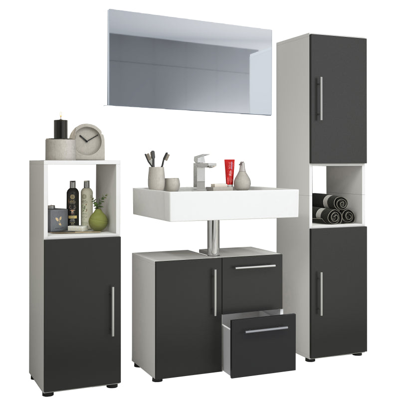 Armonia di Ezooza  Set Bagno Completo 4 Pezzi Mobile Lavabo + Colonna + Pensile e specchio, Bianco/Nero ,