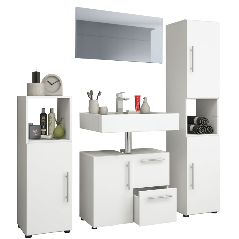 Armonia di Ezooza  Set Bagno Completo 4 Pezzi Mobile Lavabo + Colonna + Pensile e specchio, Bianco ,