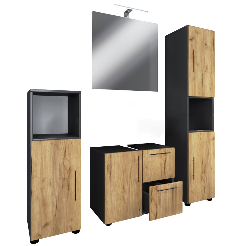 Armonia di Ezooza  Set Bagno Completo 4 Pezzi Mobile Lavabo + Colonna + Pensile e specchio, Antracite/Rovere ,