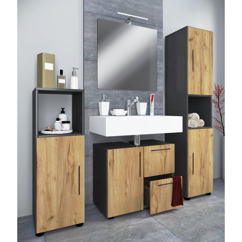 Armonia di Ezooza  Set Bagno Completo 4 Pezzi Mobile Lavabo + Colonna + Pensile e specchio, Antracite/Rovere ,