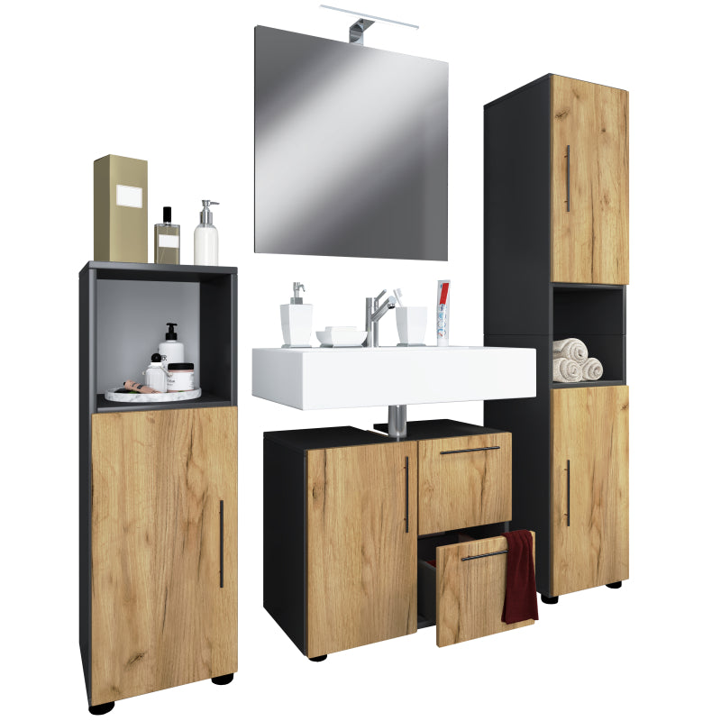 Armonia di Ezooza  Set Bagno Completo 4 Pezzi Mobile Lavabo + Colonna + Pensile e specchio, Antracite/Rovere ,