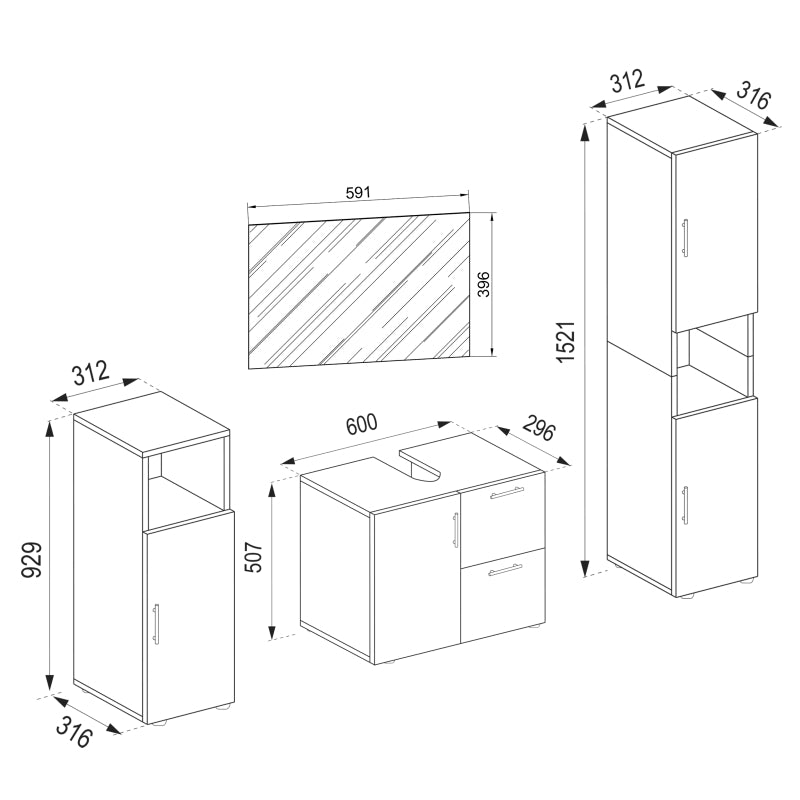 Armonia di Ezooza  Set Bagno Completo 4 Pezzi Mobile Lavabo + Colonna + Pensile e specchio, Bianco/Rovere ,