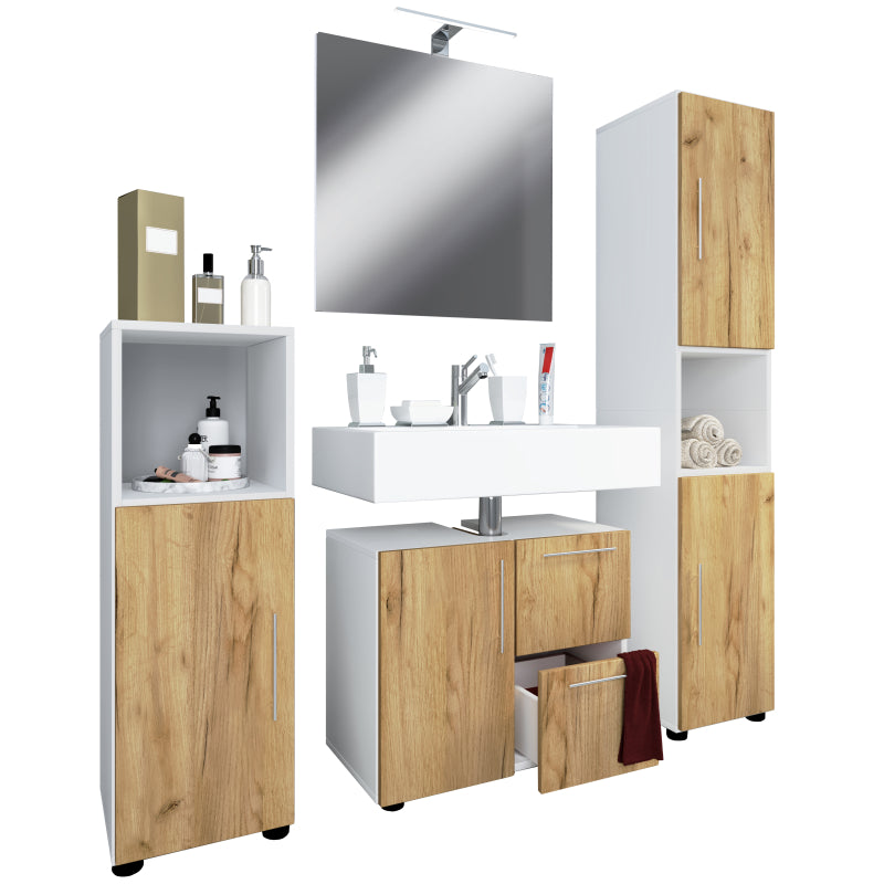 Armonia di Ezooza  Set Bagno Completo 4 Pezzi Mobile Lavabo + Colonna + Pensile e specchio, Bianco/Rovere ,