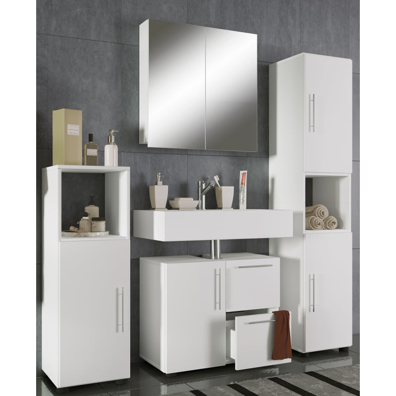 Armonia di Ezooza  Set Bagno Completo 4 Pezzi Mobile Lavabo + Colonna + Pensile e armadietto a specchio, Bianco ,