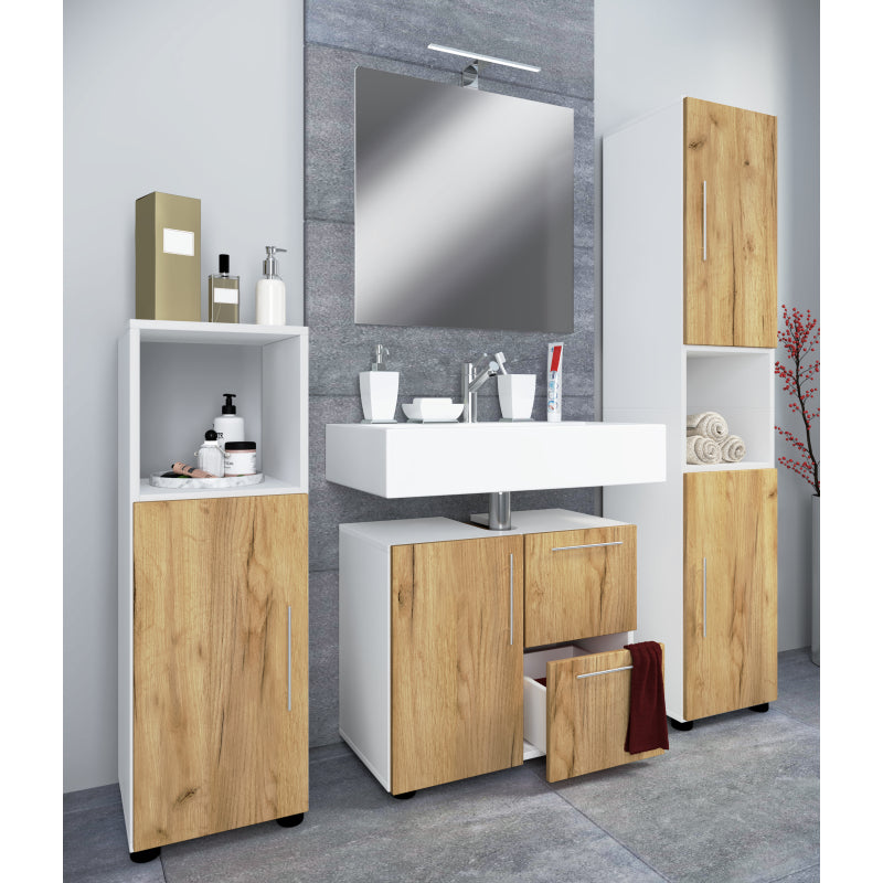 Armonia di Ezooza  Set Bagno Completo 4 Pezzi Mobile Lavabo + Colonna + Pensile e specchio, Bianco/Rovere ,