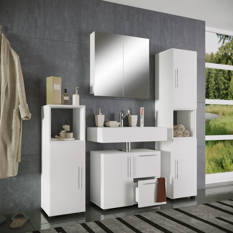 Armonia di Ezooza  Set Bagno Completo 4 Pezzi Mobile Lavabo + Colonna + Pensile e armadietto a specchio, Bianco ,