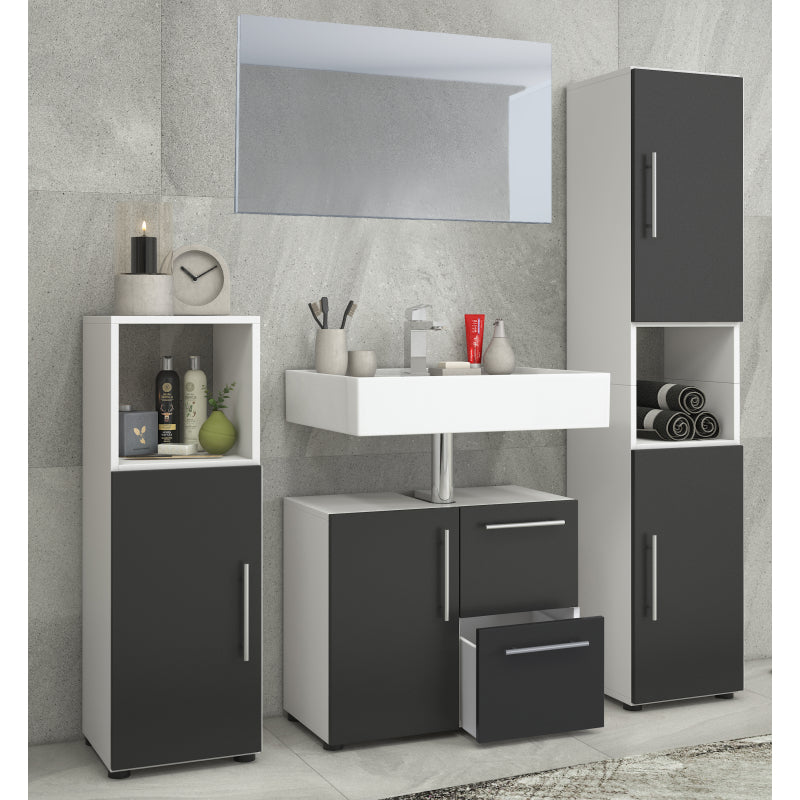 Armonia di Ezooza  Set Bagno Completo 4 Pezzi Mobile Lavabo + Colonna + Pensile e specchio, Bianco/Nero ,