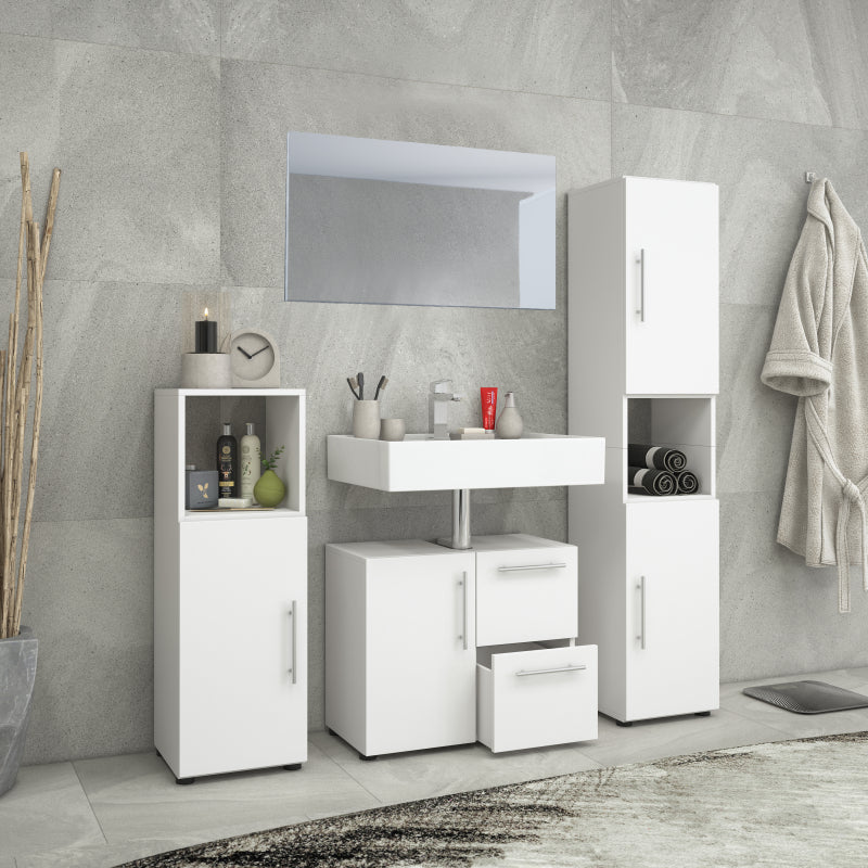 Armonia di Ezooza  Set Bagno Completo 4 Pezzi Mobile Lavabo + Colonna + Pensile e specchio, Bianco ,