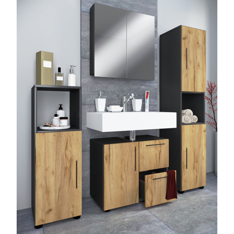 Armonia di Ezooza  Set Bagno Completo 4 Pezzi Mobile Lavabo + Colonna + Pensile e armadietto a specchio, Antracite/Rovere ,