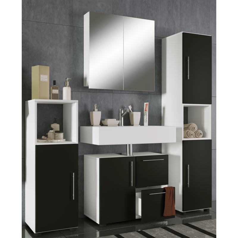 Armonia di Ezooza  Set Bagno Completo 4 Pezzi Mobile Lavabo + Colonna + Pensile e armadietto a specchio, Bianco/Nero ,