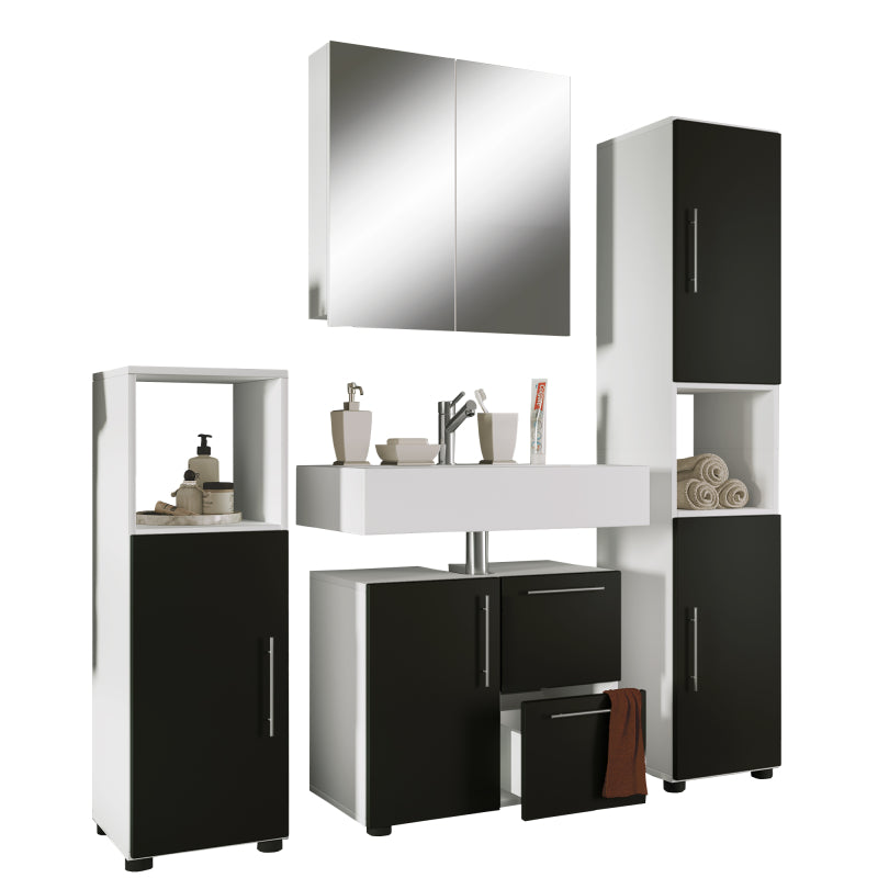 Armonia di Ezooza  Set Bagno Completo 4 Pezzi Mobile Lavabo + Colonna + Pensile e armadietto a specchio, Bianco/Nero ,