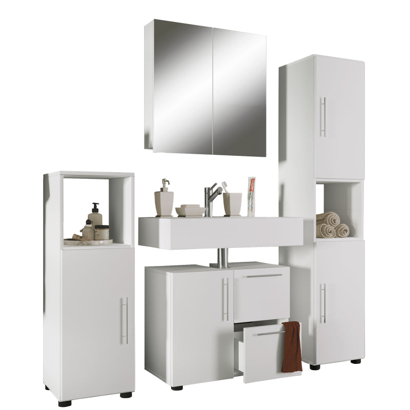 Armonia di Ezooza  Set Bagno Completo 4 Pezzi Mobile Lavabo + Colonna + Pensile e armadietto a specchio, Bianco ,