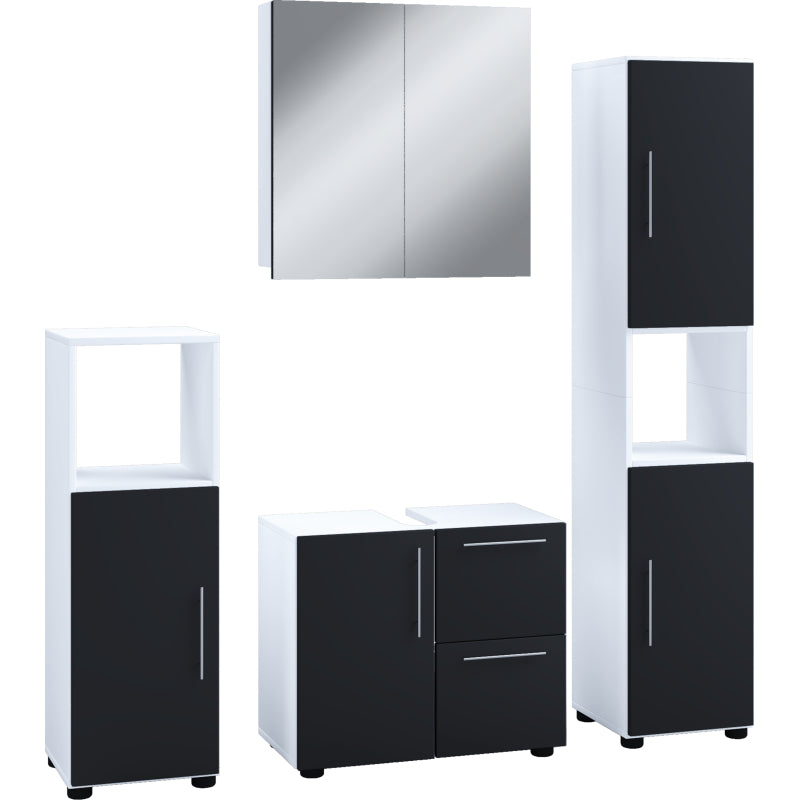 Armonia di Ezooza  Set Bagno Completo 4 Pezzi Mobile Lavabo + Colonna + Pensile e armadietto a specchio, Bianco/Nero ,