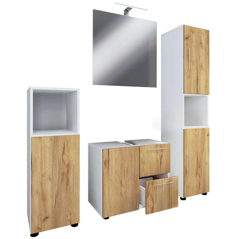 Armonia di Ezooza  Set Bagno Completo 4 Pezzi Mobile Lavabo + Colonna + Pensile e specchio, Bianco/Rovere ,