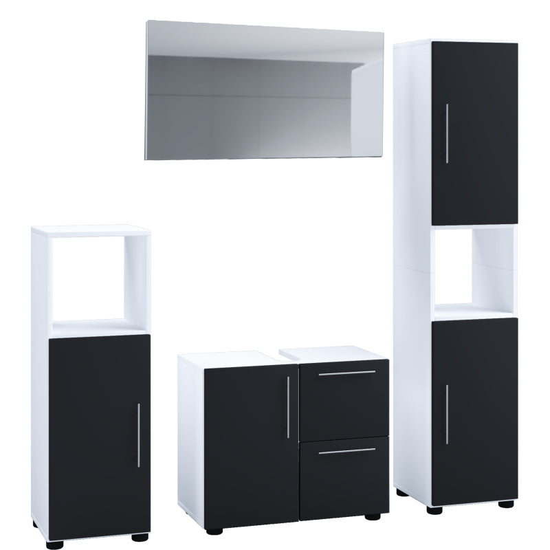 Armonia di Ezooza  Set Bagno Completo 4 Pezzi Mobile Lavabo + Colonna + Pensile e specchio, Bianco/Nero ,