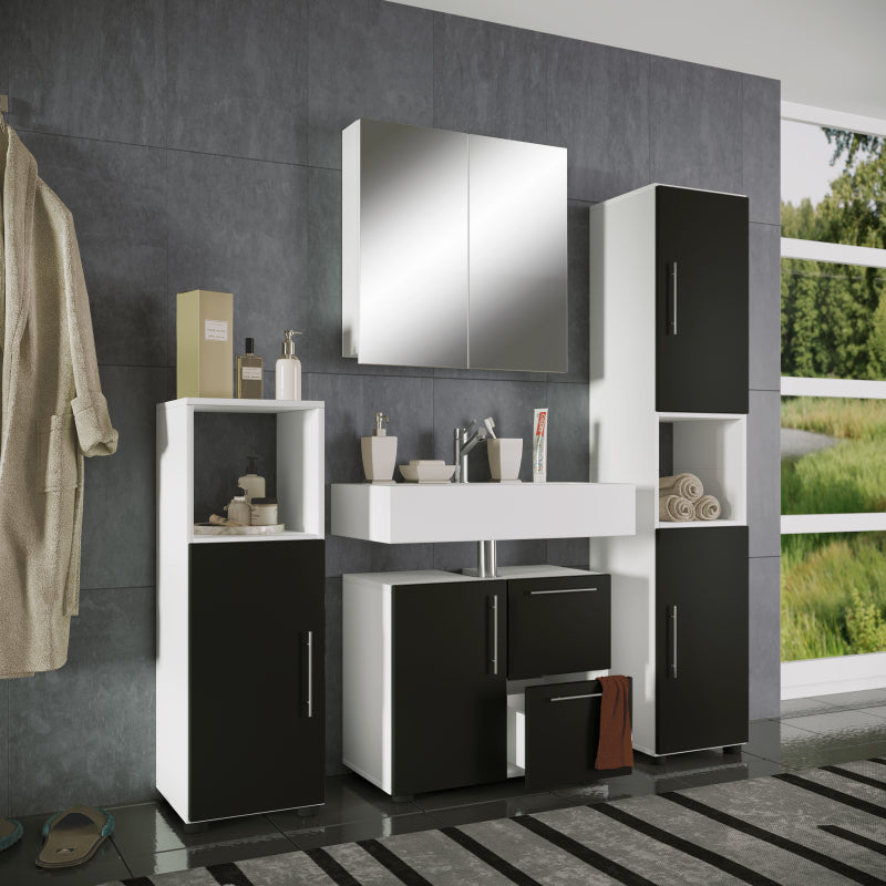 Armonia di Ezooza  Set Bagno Completo 4 Pezzi Mobile Lavabo + Colonna + Pensile e armadietto a specchio, Bianco/Nero ,