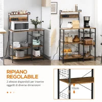 Scaffale Cucina Multipresa per Microonde con Ripiani e Cestino a Rete, 90x42x130cm, Marrone
