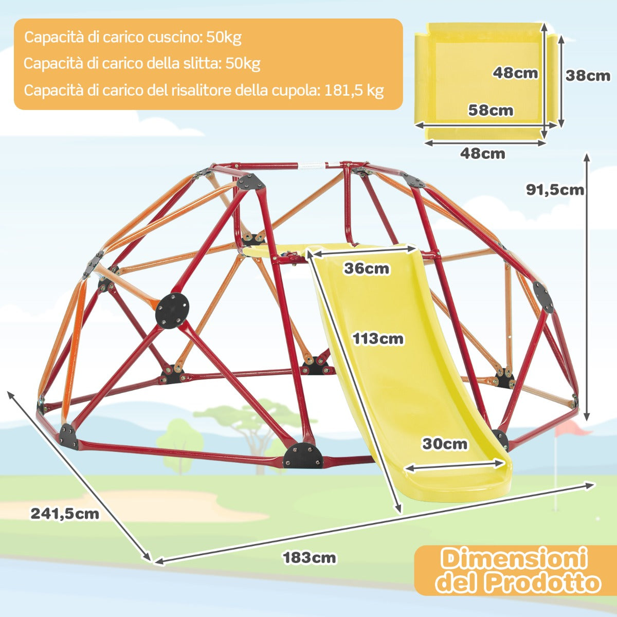 Cupola di arrampicata e set da gioco con scivolo capacit¨¤ di carico di 180KG, Parco giochi per bambini Rosso e arancione-Arrampicate e scivoli