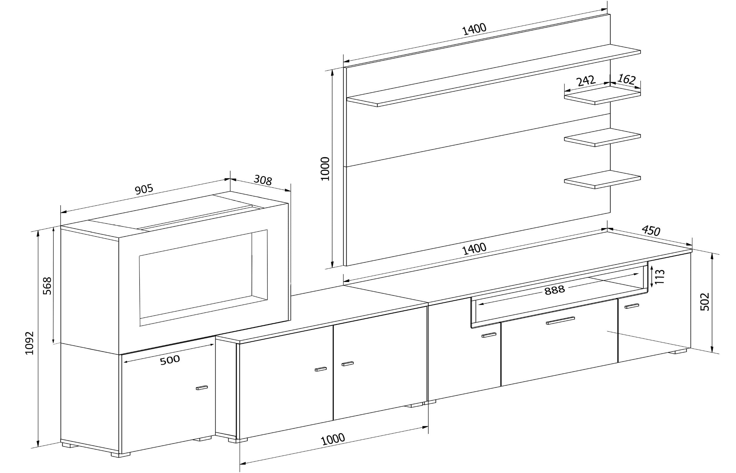 Mobili da soggiorno, camino elettrico a 5 livelli di fiamme, Bianco Opaco e Laccato Bianco Chiaro, 290x45x170cm  RF3663