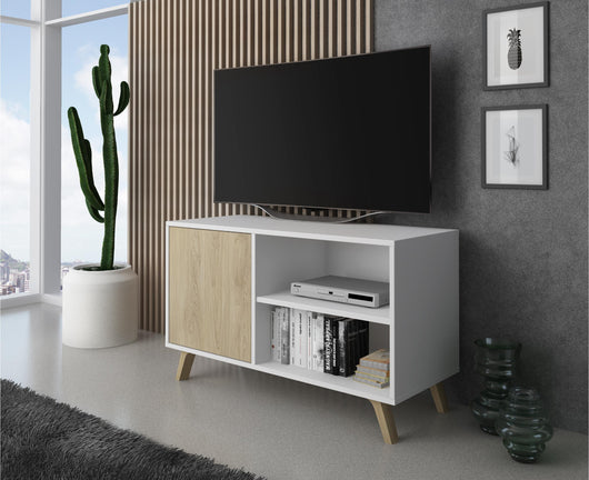 Mobile TV 95x40x57cm soggiorno salotto con porta sinistra colore Bianco e Rovere modello Wind RF614