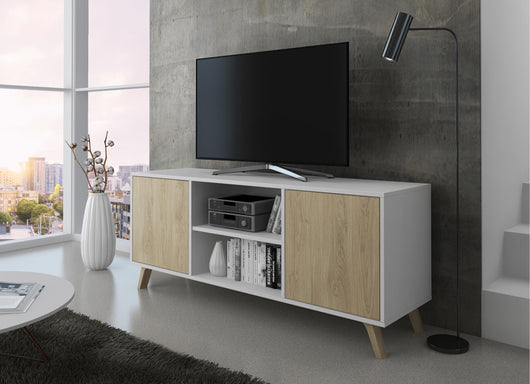 Mobile TV 137x40x57cm a 2 porte soggiorno colore bianco, colore porte colore Rovere modello Wind RF618