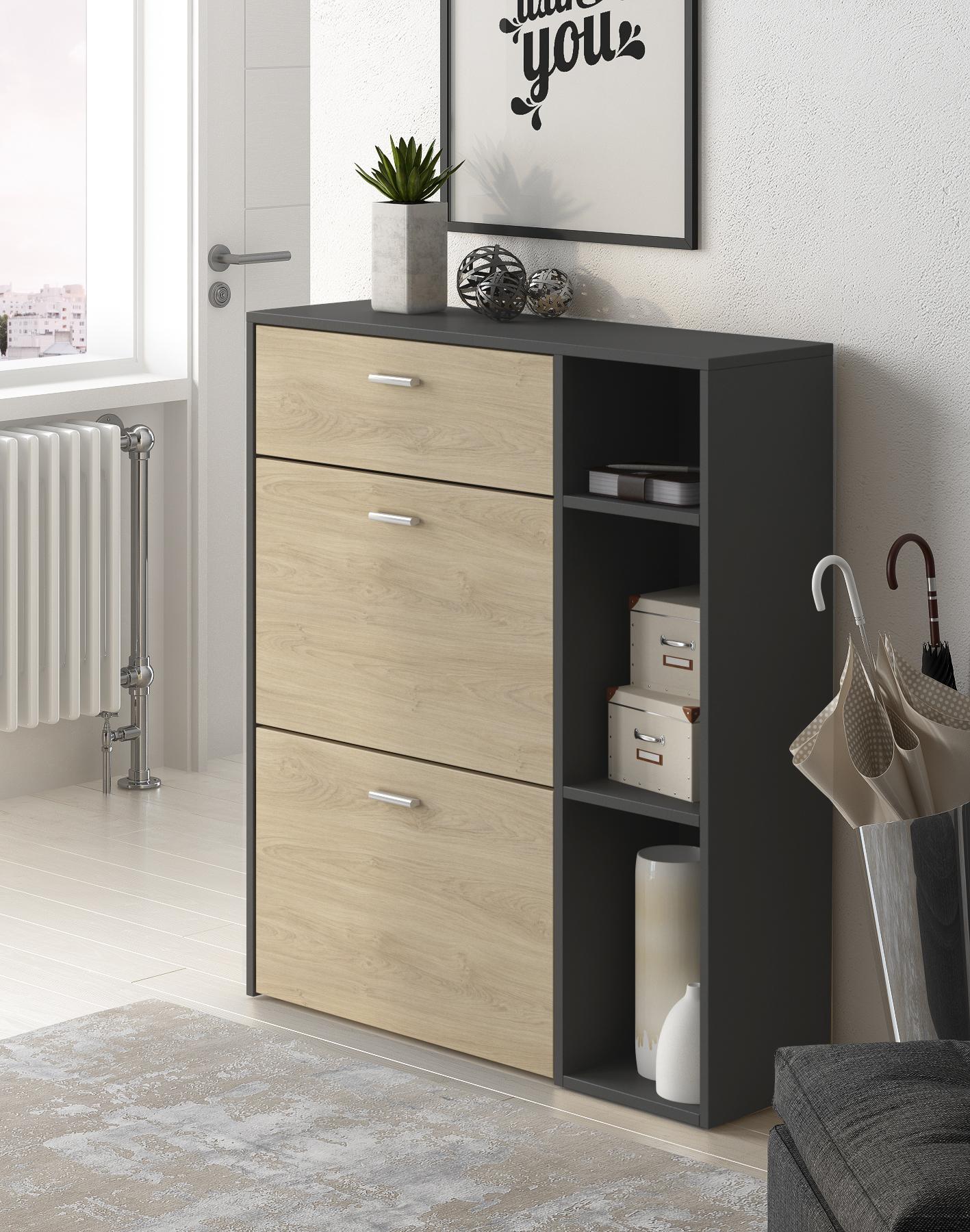 Scarpiera WIND, 90x26x101,5cm, colore Grigio Antracite e colore Rovere RF628