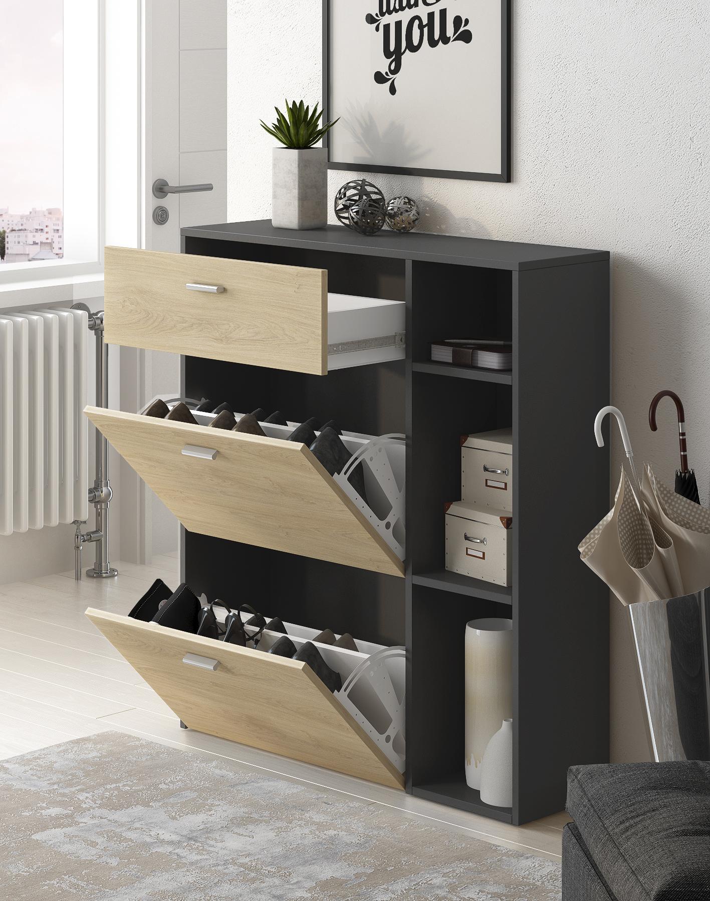 Scarpiera WIND, 90x26x101,5cm, colore Grigio Antracite e colore Rovere RF628