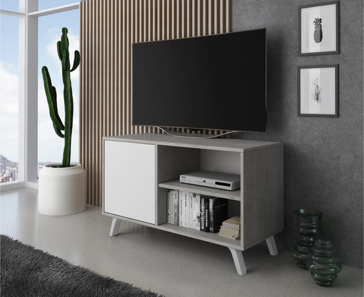 Mobile TV 95x40x57cm soggiorno salotto con porta sinistra colore grigio cemento e Bianco, modello Wind RF657