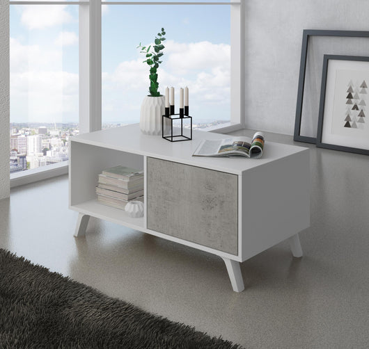 Tavolino con anta 92x50x45cm per sala da pranzo colore bianco opaco e grigio cemento modello WIND RF662