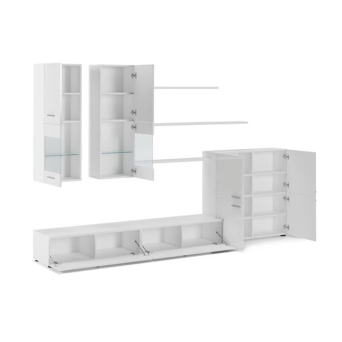 Mobile TV 300x42x189cm Parete da soggiorno e pranzo contemporaneo colore Bianco Laccato e Bianco Mate RF9