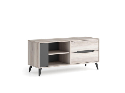 Mobile TV 113x40x52cm per soggiorno con 2 cassetti e 1 porta soggiorno colore Rovere e Grigio Modello KAI RF756