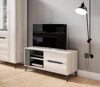 Mobile TV 113x40x52cm per soggiorno con 2 cassetti e 1 porta soggiorno colore Rovere e Grigio Modello KAI RF756