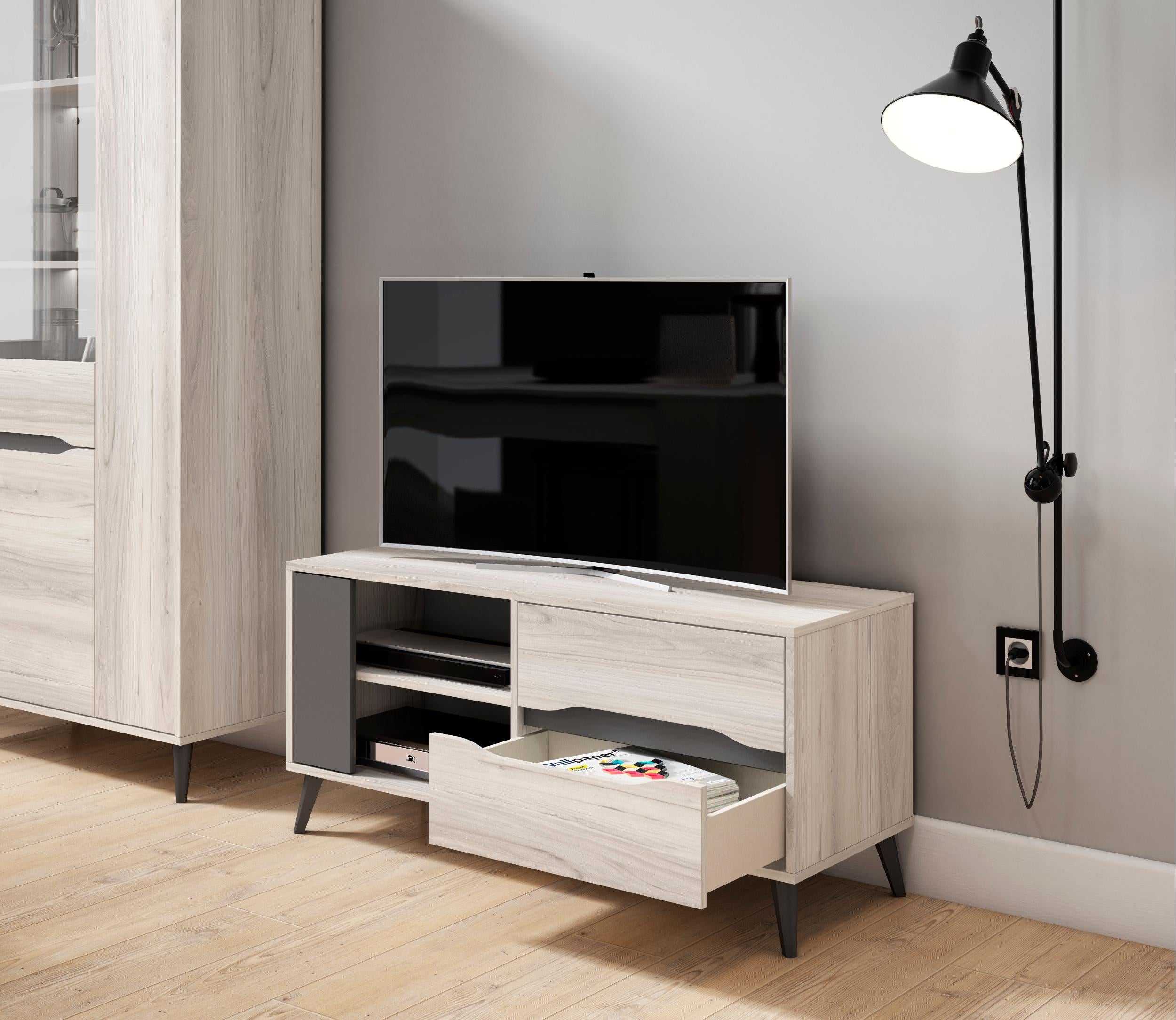 Mobile TV 113x40x52cm per soggiorno con 2 cassetti e 1 porta soggiorno colore Rovere e Grigio Modello KAI RF756