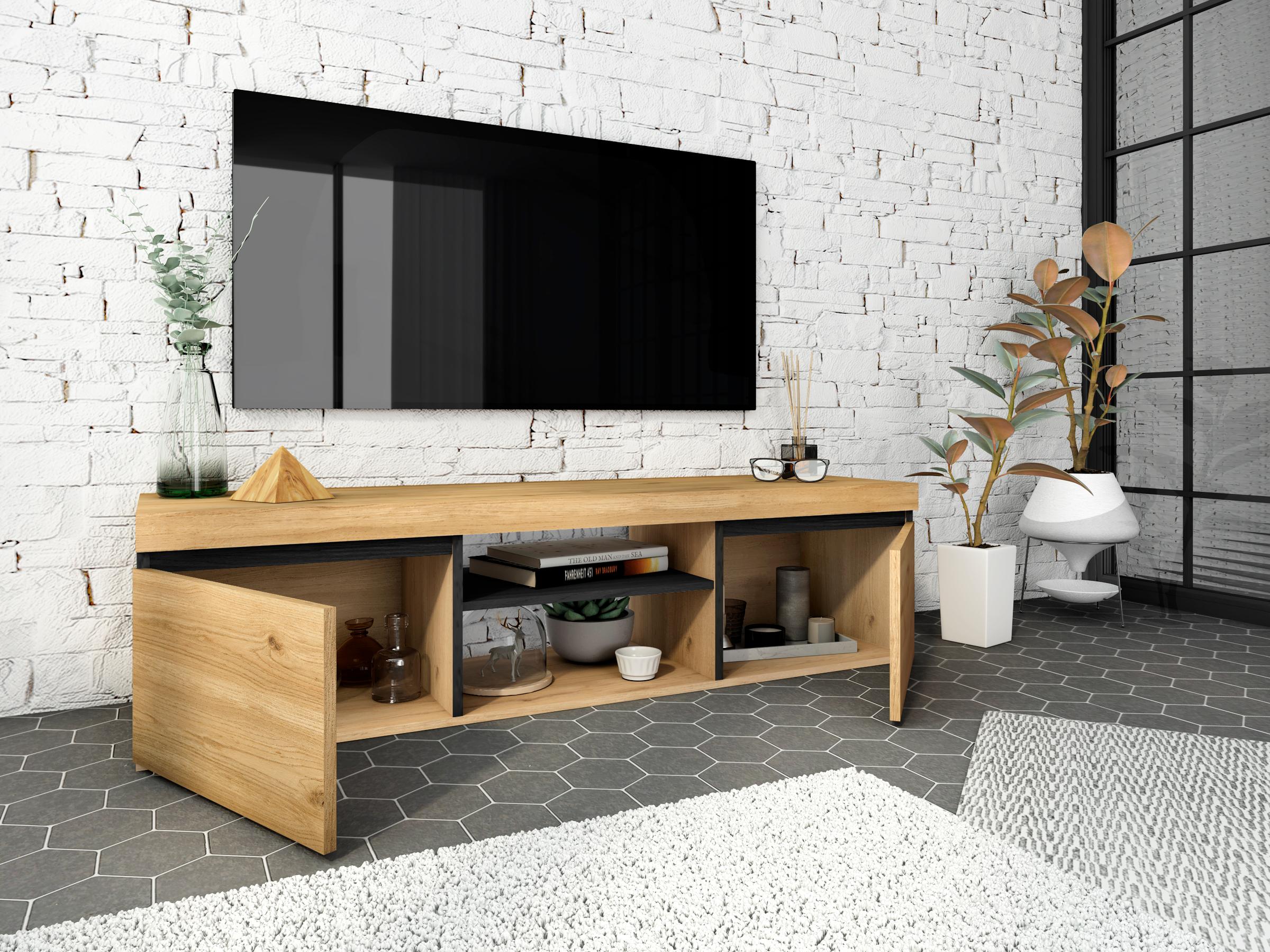 Mobile TV 140x40x41cm per soggiorno con 2 porte e 2 comparti colore Rovere e nero modello Naturale RF890