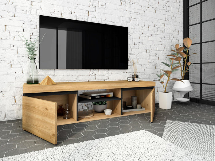 Mobile TV 140x40x41cm per soggiorno con 2 porte e 2 comparti colore Rovere e nero modello Naturale RF890