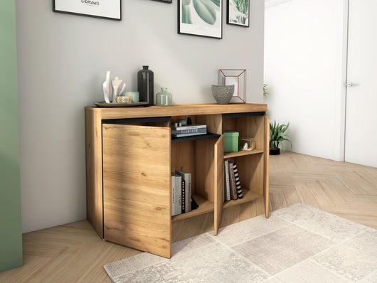 Credenza soggiorno Sala da pranzo ufficio colore Rovere e Nero 3 Porte 1 Comparti 140x40x81cm RF898