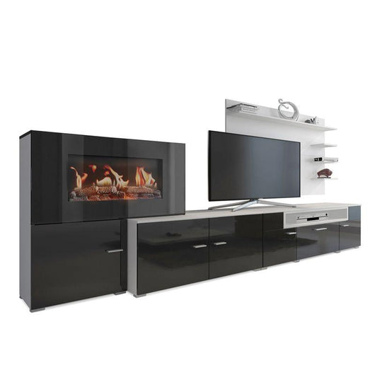 Mobili da soggiorno, camino elettrico a 5 livelli di fiamme, bianco mate e nero laccato, 290x45x170cm  RF3664