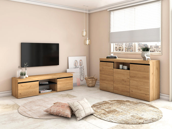 Mobile TV 140x40x41cm per soggiorno con 2 porte e 2 comparti colore Rovere e nero modello Naturale RF890