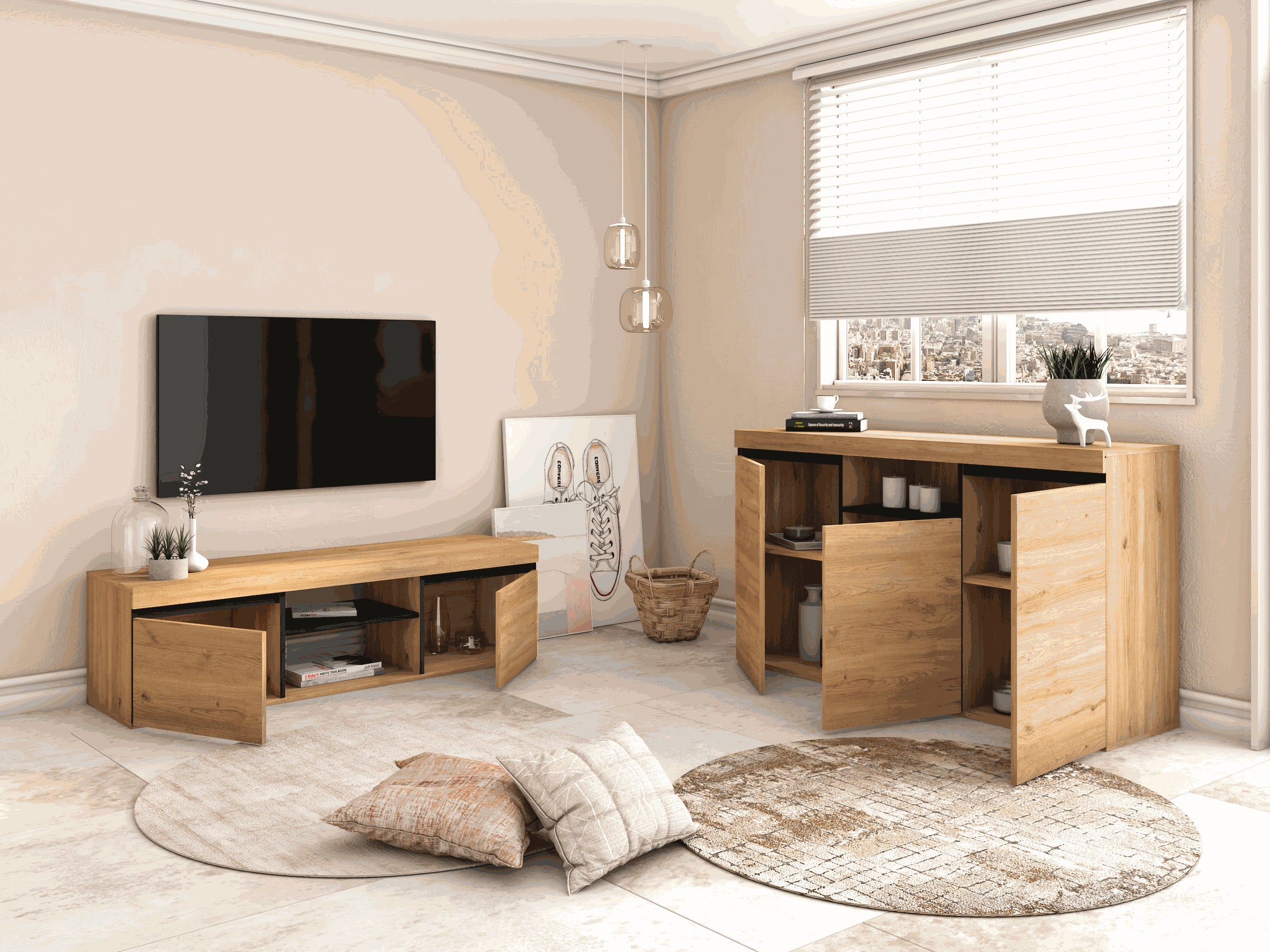 Mobile TV 140x40x41cm per soggiorno con 2 porte e 2 comparti colore Rovere e nero modello Naturale RF890