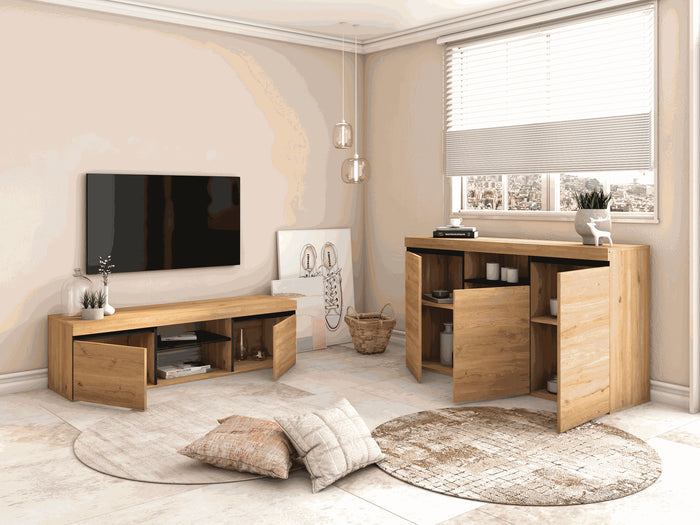 Mobile TV 140x40x41cm per soggiorno con 2 porte e 2 comparti colore Rovere e nero modello Naturale RF890