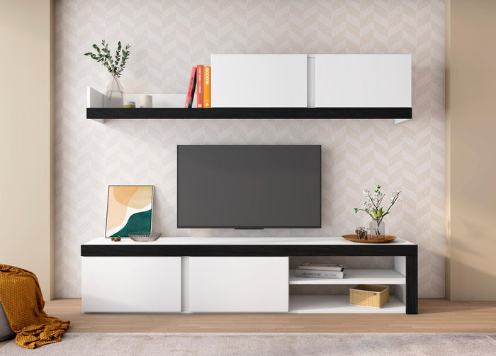 Mobile da Soggiorno IDEM - 1 Mobile TV - 1 Mensola e Armadietto  - Bianco/Nero - 200x40x180cm RF958