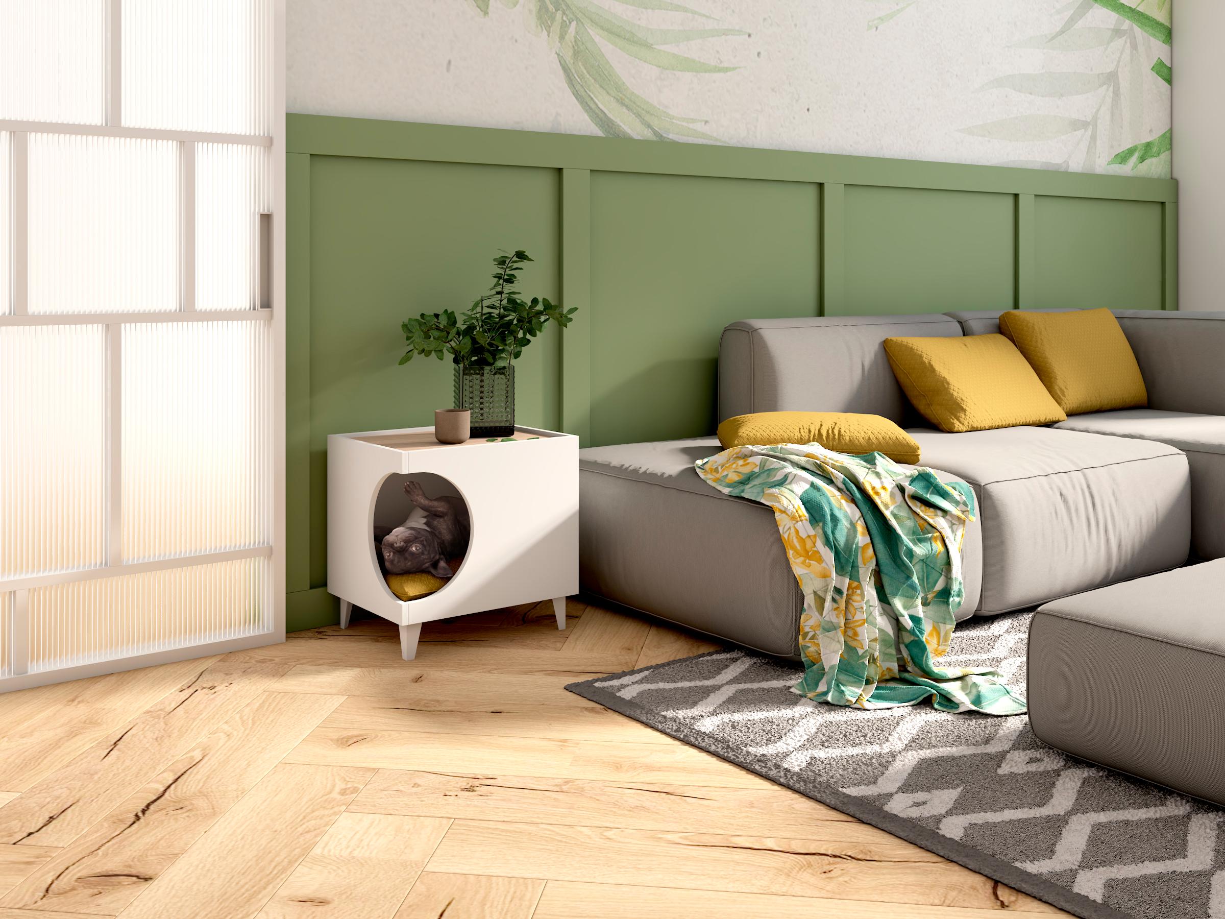 Tavolino cuccia per cani o animali 46,8x37x40cm, ELLIE, ingresso laterale per per lettiera colore Bianco e colore Rovere RF978