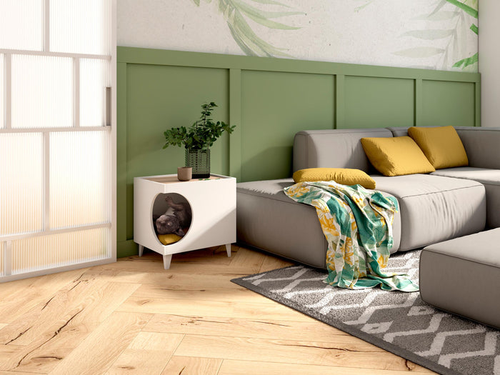 Tavolino cuccia per cani o animali 46,8x37x40cm, ELLIE, ingresso laterale per per lettiera colore Bianco e colore Rovere RF978